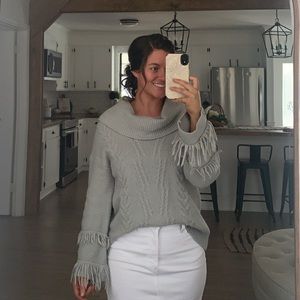 Grey cowl neck long sleeve cable knit sweater with bell fringed sleeves
